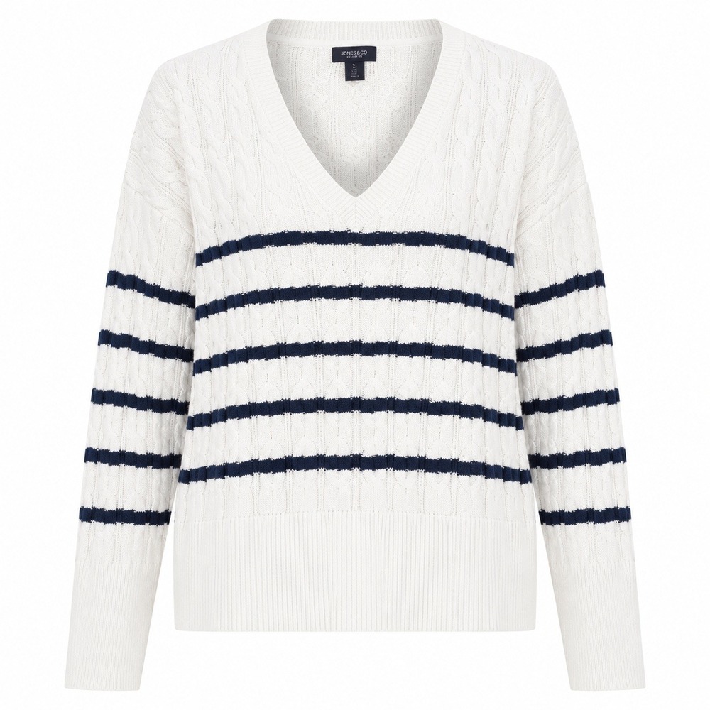 Jones & Co Tennis Prep V-Neck Sweater Sz M White Navy Striped Cable Knit Coastal